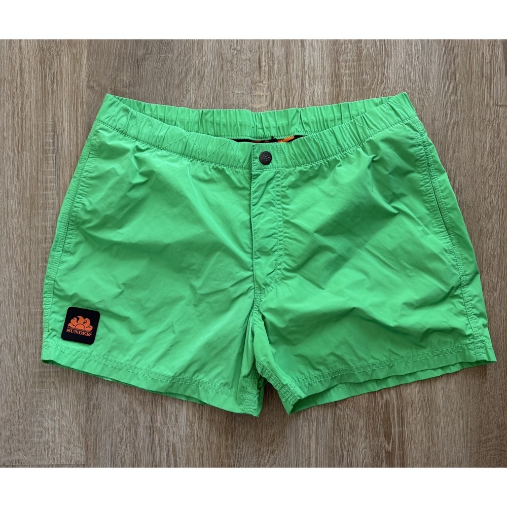 SUNDEK Swim Shorts Men Medium Bright Neon Green Athletic Trunks Pockets